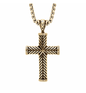 COLLIER ACIER ET PVD DORÉ CHAINE JASERON AVEC PENDENTIF GROSSE CROIX 38X25MM 55+