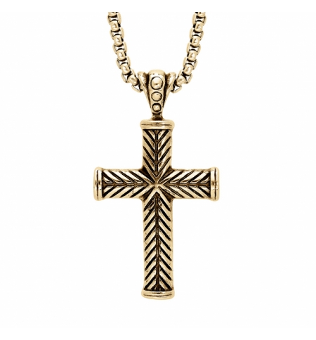 COLLIER ACIER ET PVD DORÉ CHAINE JASERON AVEC PENDENTIF GROSSE CROIX 38X25MM 55+