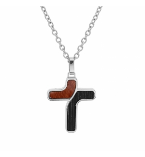 COLLIER ACIER PENDENTIF CROIX dim 25x20 mm ASPECT BOIS MARRON ET NOIR 50+5CM 
