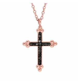 COLLIER ACIER ET PVD ROSE CROIX RÉSINE NOIRE ET PIERRES NOIRES SYNTHETIQUE 45+5C
