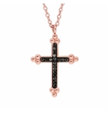 COLLIER ACIER ET PVD ROSE CROIX RÉSINE NOIRE ET PIERRES NOIRES SYNTHETIQUE 45+5C