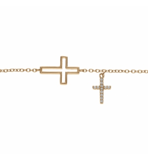 BRACELET PLAQUÉ OR DOUBLE CROIX LISSE AVEC PAVAGE OXYDES BLANCS 16+2CM 