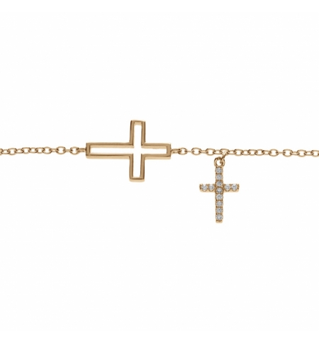BRACELET PLAQUÉ OR DOUBLE CROIX LISSE AVEC PAVAGE OXYDES BLANCS 16+2CM 