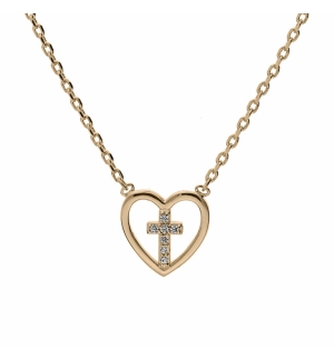 COLLIER PLAQUÉ OR COEUR AVEC CROIX OXYDES BLANCS SERTIS 38+4CM 