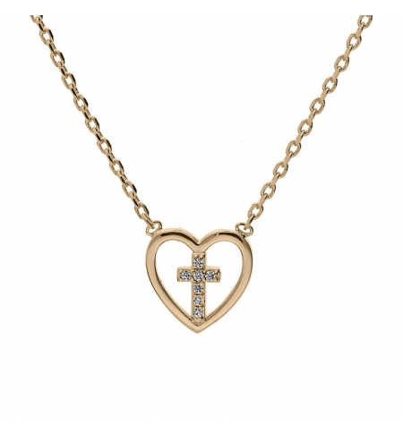 COLLIER PLAQUÉ OR COEUR AVEC CROIX OXYDES BLANCS SERTIS 38+4CM 