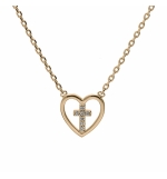 COLLIER PLAQUÉ OR COEUR AVEC CROIX OXYDES BLANCS SERTIS 38+4CM 