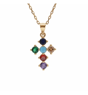 COLLIER PLAQUÉ OR PENDENTIF CROIX 15X10MM OXYDES MULTI COULEURS SERTIS 40+5CM 