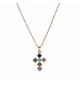 COLLIER PLAQUÉ OR PENDENTIF CROIX 15X10MM OXYDES MULTI COULEURS SERTIS 40+5CM 