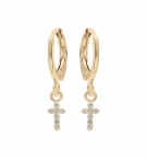 BOUCLES D'OREILLES CRÉOLES PLAQUÉ OR ARTICULÉE PAMPILLE CROIX OXYDES BLANCS SERT