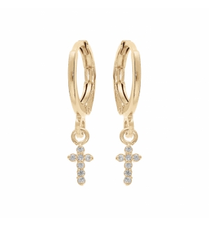 BOUCLES D'OREILLES CRÉOLES PLAQUÉ OR ARTICULÉE PAMPILLE CROIX OXYDES BLANCS SERT