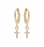 BOUCLES D'OREILLES CRÉOLES PLAQUÉ OR ARTICULÉE PAMPILLE CROIX OXYDES BLANCS SERT