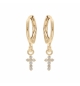 BOUCLES D'OREILLES CRÉOLES PLAQUÉ OR ARTICULÉE PAMPILLE CROIX OXYDES BLANCS SERT