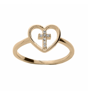 BAGUE PLAQUE OR COEUR AVEC CROIX OXYDES BLANC SERTIS 