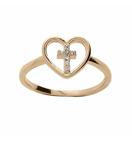 BAGUE PLAQUE OR COEUR AVEC CROIX OXYDES BLANC SERTIS 