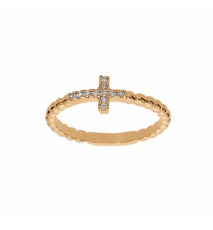 BAGUE PLAQUÉ OR BOULES AVEC CROIX OXYDES BLANCS SERTIS