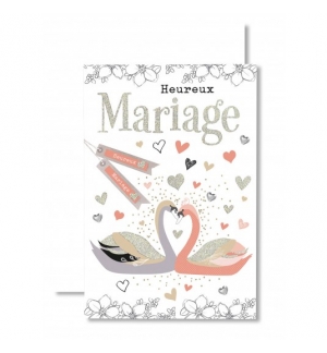 Carte Heureux Mariage Couple de cygnes saumon et violet