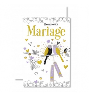 Carte Heureux Anniversaire de mariage Couple d'oiseaux violet et noir dorés
