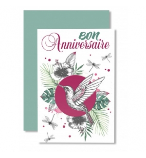 Carnet Joyeux Anniversaire Oiseau, libellules sur fond violet