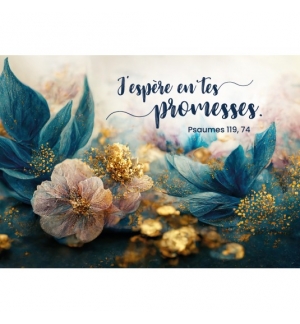 Carte avec verset Fleurs blanches, feuilles bleues et dorures