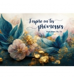 Carte avec verset Fleurs blanches, feuilles bleues et dorures