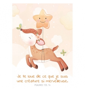 CARTE  Dessin d'un faon accroché à un ballon étoile