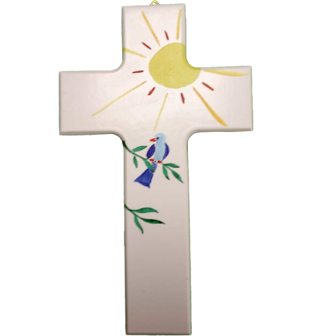 Croix en bois 9 x 15cm/blanche - Soleil/oiseau