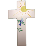 Croix en bois 9 x 15cm/blanche - Soleil/oiseau