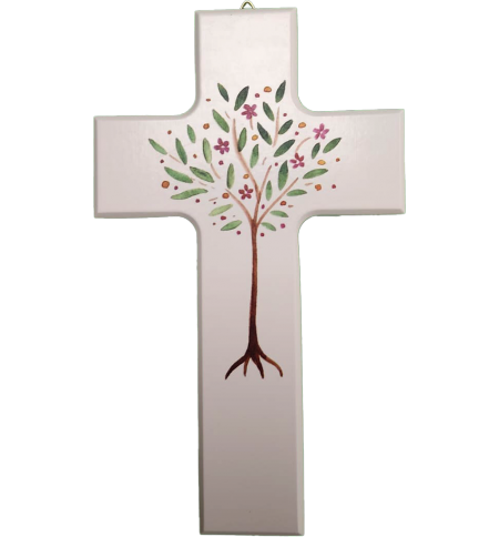 Croix en bois 9 x 15cm/blanche - Arbre de Vie
