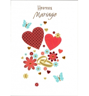 Carte double Heureux Mariage - Coeurs -