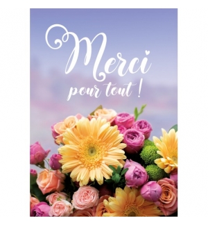Carte Merci Bouquet de fleurs sur fond bleu