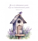 Carte Avec Verset Moineau posé sur une maison à oiseau