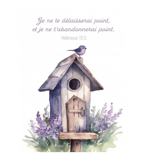 Carte Avec Verset Moineau posé sur une maison à oiseau