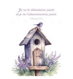 Carte Avec Verset Moineau posé sur une maison à oiseau