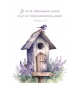 Carte Avec Verset Moineau posé sur une maison à oiseau