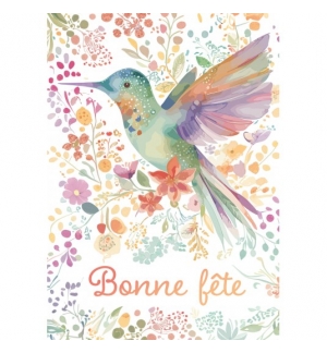 Carte Avec Message Colibri et fleurs en aquarelle