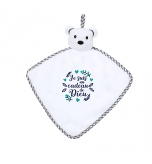 Doudou ourson blanc "Je suis un cadeau de Dieu"