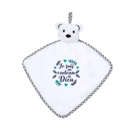 Doudou ourson blanc "Je suis un cadeau de Dieu"