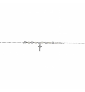 BRACELET ARGENT RHODIÉ PAMPILLE CROIX AVEC PERLES NACRE VÉRITABLE BLANCHE ET TEI