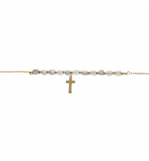 BRACELET ARGENT DORÉ PAMPILLE CROIX AVEC PERLES NACRE VÉRITABLE BLANCHE ET TEINT