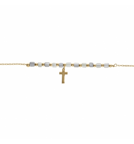 BRACELET ARGENT DORÉ PAMPILLE CROIX AVEC PERLES NACRE VÉRITABLE BLANCHE ET TEINT
