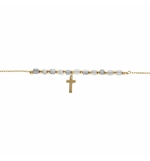 BRACELET ARGENT DORÉ PAMPILLE CROIX AVEC PERLES NACRE VÉRITABLE BLANCHE ET TEINT