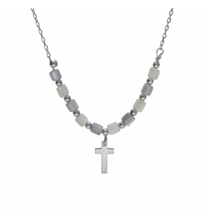 COLLIER ARGENT RHODIÉ CROIX AVEC PERLES NACRE VÉRITABLE BLANCHE ET TEINTÉE BLEU 