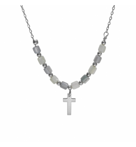COLLIER ARGENT RHODIÉ CROIX AVEC PERLES NACRE VÉRITABLE BLANCHE ET TEINTÉE BLEU 