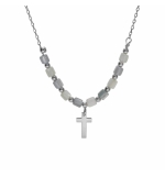 COLLIER ARGENT RHODIÉ CROIX AVEC PERLES NACRE VÉRITABLE BLANCHE ET TEINTÉE BLEU 