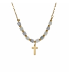 COLLIER ARGENT DORÉ CROIX AVEC PERLES NACRE VÉRITABLE BLANCHE ET TEINTÉE BLEU 40