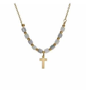 COLLIER ARGENT DORÉ CROIX AVEC PERLES NACRE VÉRITABLE BLANCHE ET TEINTÉE BLEU 40