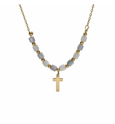 COLLIER ARGENT DORÉ CROIX AVEC PERLES NACRE VÉRITABLE BLANCHE ET TEINTÉE BLEU 40