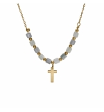 COLLIER ARGENT DORÉ CROIX AVEC PERLES NACRE VÉRITABLE BLANCHE ET TEINTÉE BLEU 40