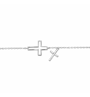 BRACELET ARGENT RHODIÉ MOTIF CROIX COUCHEE OXYDES BLANCS MICRO SERTIS 16+2CM 