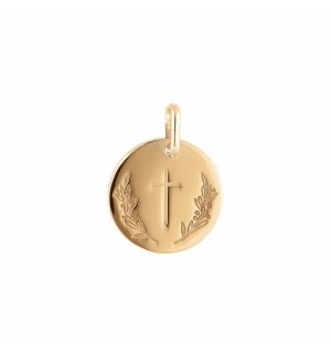 PENDENTIF PLAQUÉ OR MEDAILLE RONDE 15MM AVEC CROIX ET RAMEAU 